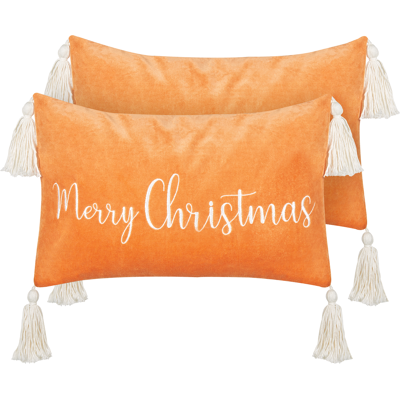 Beliani Conjunto de 2 Cojines Navideños Naranja de Terciopelo - Decoración Festiva Beliani Conjunto de 2 Cojines Navideños Naranja de Terciopelo - Decoración Festiva