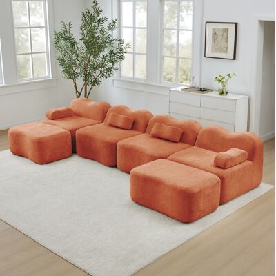 BEAOK Canapé Modular En U De Terciopelo Naranja, 4 Plazas, Sin Estructura, Con 2 Otomanas Y Cojín De Brazo Móvil BEAOK Canapé Modular En U De Terciopelo Naranja, 4 Plazas, Sin Estructura, Con 2 Otomanas Y Cojín De Brazo Móvil