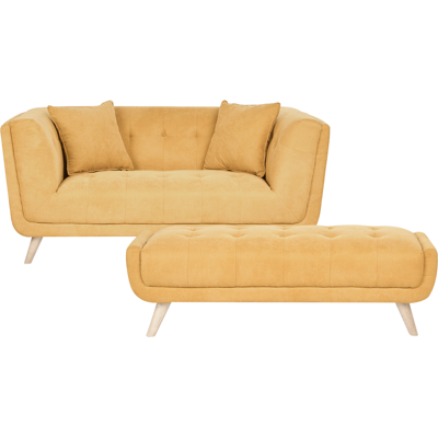 BELIANI Sofá 2 Plazas De Tela Con Otomana Cojines Decorativos Patas De Madera Capitoné Estilo Retro Mostaza Habo BELIANI Sofá 2 Plazas De Tela Con Otomana Cojines Decorativos Patas De Madera Capitoné Estilo Retro Mostaza Habo