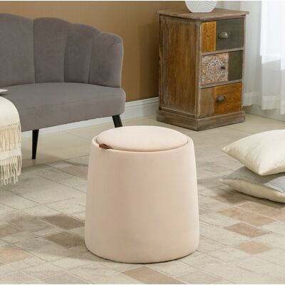Ottomana Redonda Con Almacenamiento, Ø44 X 47,5 Cm, Efecto Terciopelo Beige, Desviae Ottomana Redonda Con Almacenamiento, Ø44 X 47,5 Cm, Efecto Terciopelo Beige, Desviae