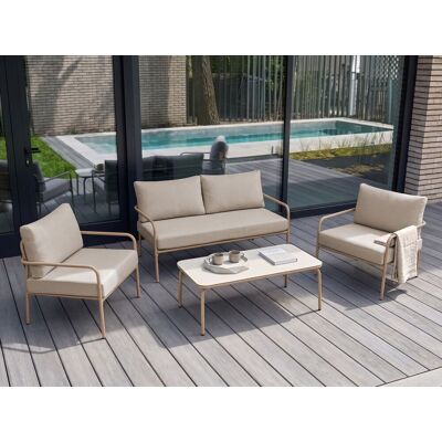 BELIANI Conjunto De Sofá Y Mesa De 4 Plazas Con Estructura De Acero Y Cojines De Tejido Repelente Al Agua Con Fundas Extraíbles Beige Claro Nesso BELIANI Conjunto De Sofá Y Mesa De 4 Plazas Con Estructura De Acero Y Cojines De Tejido Repelente Al Agua Con Fundas Extraíbles Beige Claro Nesso