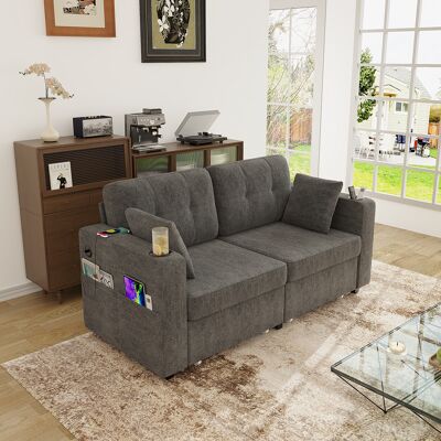 OKWISH Sofá Recto 2 Plazas En Chenilla Gris Con Cajones, Usb, Portavasos Y Almacenamiento OKWISH Sofá Recto 2 Plazas En Chenilla Gris Con Cajones, Usb, Portavasos Y Almacenamiento