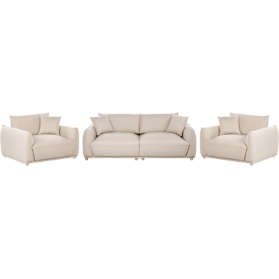 BELIANI Conjunto De Sala De Estar Moderno 5 Plazas De Tela Con Cojines Decorativos Sofá Y Sillones Con Patas De Madera Beige Jubek BELIANI Conjunto De Sala De Estar Moderno 5 Plazas De Tela Con Cojines Decorativos Sofá Y Sillones Con Patas De Madera Beige Jubek