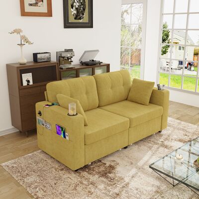 OKWISH Sofá Recto 2 Plazas En Chenilla Amarillo Mostaza Con Cajones, Usb Y Portavasos OKWISH Sofá Recto 2 Plazas En Chenilla Amarillo Mostaza Con Cajones, Usb Y Portavasos