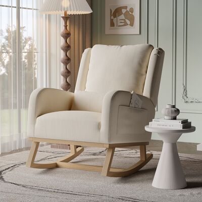 DANS LES NUAGES Sillón Mecedora Con Bolsillo Lateral, Respaldo Alto, Cojín Lumbar, Respaldo Capitoné De Lino, Reposabrazos Y Estructura De Madera, Beige DANS LES NUAGES Sillón Mecedora Con Bolsillo Lateral, Respaldo Alto, Cojín Lumbar, Respaldo Capitoné De Lino, Reposabrazos Y Estructura De Madera, Beige
