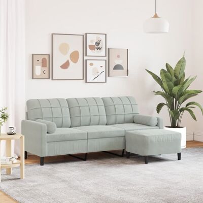 Sofá de 3 plazas con taburete de terciopelo gris claro vidaXL Sofá de 3 plazas con taburete de terciopelo gris claro vidaXL