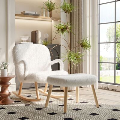 OEM Sillón Balanceante Con Puff De Lana Suave, Cojín Acolchado Alto, Madera Clara Y Blanca, Estilo Lujo Acogedor OEM Sillón Balanceante Con Puff De Lana Suave, Cojín Acolchado Alto, Madera Clara Y Blanca, Estilo Lujo Acogedor