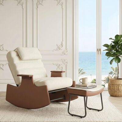 TANANT Mecedora De Terciopelo Acanalado Beige Con Reposapiés - Sillón De Lactancia, Respaldo Reclinable En 3 Posiciones Y Bolsillo Lateral - Escandinavo TANANT Mecedora De Terciopelo Acanalado Beige Con Reposapiés - Sillón De Lactancia, Respaldo Reclinable En 3 Posiciones Y Bolsillo Lateral - Escandinavo