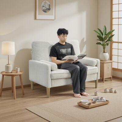 WISHDOR Sofá De 2 Plazas De Terciopelo Acanalado (pana) Beige Con Patas De Madera WISHDOR Sofá De 2 Plazas De Terciopelo Acanalado (pana) Beige Con Patas De Madera