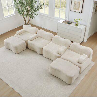 BEAOK Canapé Modular De Terciopelo Beige 4 Plazas En Forma De U Con 2 Otomanas BEAOK Canapé Modular De Terciopelo Beige 4 Plazas En Forma De U Con 2 Otomanas
