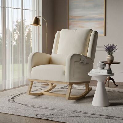 OEM Sillón Mecedora Pocketpop En Lino Beige Con Cojín — Patas De Madera Maciza, Estilo Escandinavo OEM Sillón Mecedora Pocketpop En Lino Beige Con Cojín — Patas De Madera Maciza, Estilo Escandinavo