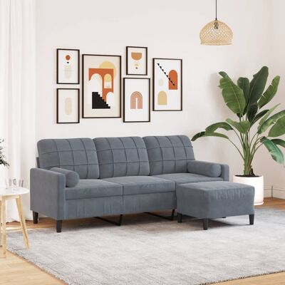 Sofá de Terciopelo Gris Oscuro de 3 Plazas con Taburete - Sofá Sofá de Terciopelo Gris Oscuro de 3 Plazas con Taburete - Sofá