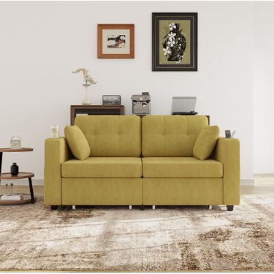 WISHDOR Sofá Recto De 2 Plazas Con 2 Cajones, Usb, Portavasos Y Bolsillos Laterales, Amarillo, 172x75x82 Cm WISHDOR Sofá Recto De 2 Plazas Con 2 Cajones, Usb, Portavasos Y Bolsillos Laterales, Amarillo, 172x75x82 Cm