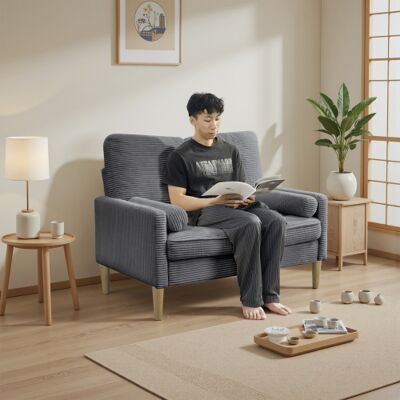 WISHDOR Sofá De 2 Plazas De Terciopelo Acanalado (pana) Gris Con Patas De Madera WISHDOR Sofá De 2 Plazas De Terciopelo Acanalado (pana) Gris Con Patas De Madera