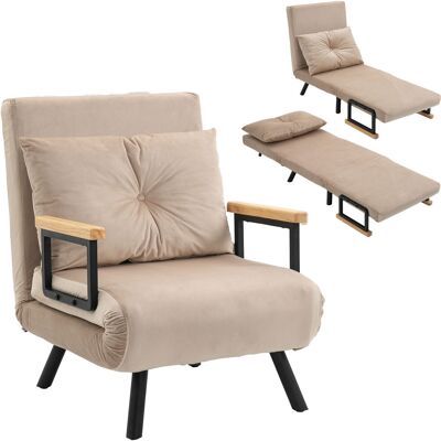 JHY DESIGN Sillón/cama Convertible 3 En 1 Con Respaldo Ajustable En 5 Posiciones, Reposabrazos Y Cojín De Madera, Tejido Efecto Terciopelo, Color Beige. JHY DESIGN Sillón/cama Convertible 3 En 1 Con Respaldo Ajustable En 5 Posiciones, Reposabrazos Y Cojín De Madera, Tejido Efecto Terciopelo, Color Beige.