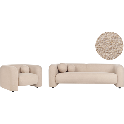BELIANI Conjunto De Sala De Estar 4 Plazas Sofá Y Sillón Moderno Con Cojines Extra De Bouclé Beige Leiren BELIANI Conjunto De Sala De Estar 4 Plazas Sofá Y Sillón Moderno Con Cojines Extra De Bouclé Beige Leiren