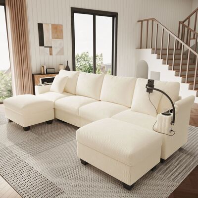 KELLANY Conjunto De Salón En Forma De U Con Función De Cama, Sofá Modular De Pana, Sofá Esquinero Con Soporte Para Teléfono Y Puerto De Carga Usb, Ideal Para Salón, Dormitorio Y Apartamento, Color Beige. KELLANY Conjunto De Salón En Forma De U Con Función De Cama, Sofá Modular De Pana, Sofá Esquinero Con Soporte Para Teléfono Y Puerto De Carga Usb, Ideal Para Salón, Dormitorio Y Apartamento, Color Beige.