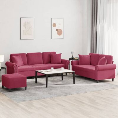 Conjunto de Sofás Vidaxl - Terciopelo Rojo Tinto - 3 Piezas con Cojines Conjunto de Sofás Vidaxl - Terciopelo Rojo Tinto - 3 Piezas con Cojines