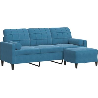 Sofá de terciopelo azul de 3 plazas con taburete - Sofá Sofá de terciopelo azul de 3 plazas con taburete - Sofá