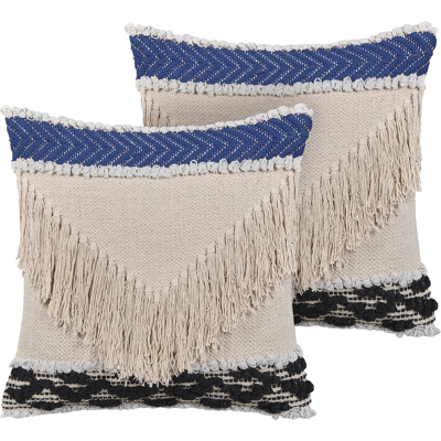 Beliani Conjunto de 2 Cojines de Algodón Beige con Flecos - Cojín Beliani Conjunto de 2 Cojines de Algodón Beige con Flecos - Cojín