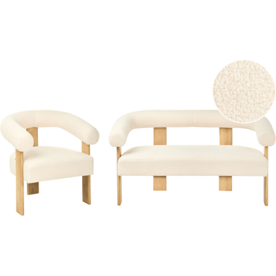 BELIANI Conjunto De Sala De Estar Retro Sofá 2 Plazas Sillón Tapizado De Bouclé Patas De Madera Blanco Crema Y Marrón Claro Ilbro BELIANI Conjunto De Sala De Estar Retro Sofá 2 Plazas Sillón Tapizado De Bouclé Patas De Madera Blanco Crema Y Marrón Claro Ilbro