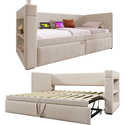 Chicfurn Cama Sofá Extensible 90x200 Cm Con Cama Nido Oculta, Reposabrazos Intercambiables, 3 Usb, Puerto Tipo C Y Portavasos, Tapizado Beige De Tela Algodón Lino, Para Salón Y Dormitorio Chicfurn Cama Sofá Extensible 90x200 Cm Con Cama Nido Oculta, Reposabrazos Intercambiables, 3 Usb, Puerto Tipo C Y Portavasos, Tapizado Beige De Tela Algodón Lino, Para Salón Y Dormitorio