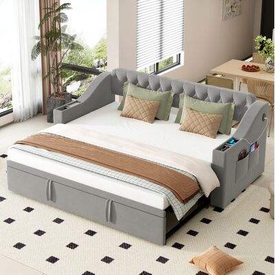 MEUBLIV Cama Sofá 90x190 Cm Gris De Terciopelo Con Almacenaje Y Usb MEUBLIV Cama Sofá 90x190 Cm Gris De Terciopelo Con Almacenaje Y Usb