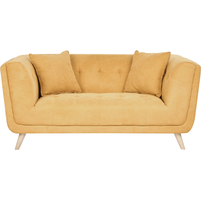 BELIANI Sofá 2 Plazas De Tela Con Cojines Decorativos Patas De Madera Capitoné Estilo Retro Mostaza Habo BELIANI Sofá 2 Plazas De Tela Con Cojines Decorativos Patas De Madera Capitoné Estilo Retro Mostaza Habo
