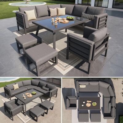 KELLANY Conjunto De Sofá De Jardín En Forma De Media Luna Para 8 Personas / Estructura De Hierro Robusta Con Cojines Grises / Completo Con Mesa De Vidrio, 1 Sillón Y 2 Otomanas / Muebles De Terraza Resistente KELLANY Conjunto De Sofá De Jardín En Forma De Media Luna Para 8 Personas / Estructura De Hierro Robusta Con Cojines Grises / Completo Con Mesa De Vidrio, 1 Sillón Y 2 Otomanas / Muebles De Terraza Resistente