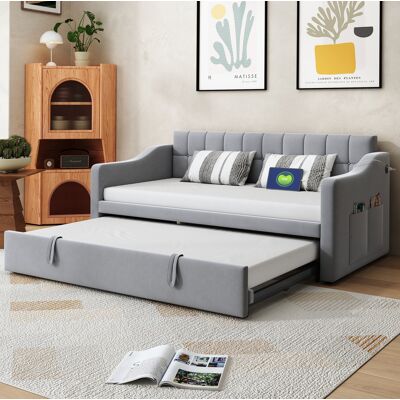 BEAOK Cama Sofá Tapizada Moderna Terciopelo Gris Claro 90x190 Cm Extensible A 180 Cm Con Puertos Usb BEAOK Cama Sofá Tapizada Moderna Terciopelo Gris Claro 90x190 Cm Extensible A 180 Cm Con Puertos Usb