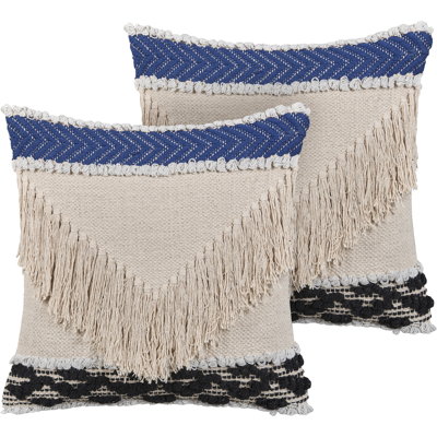 Beliani Conjunto de 2 Cojines de Algodón Beige con Flecos - Cojín Beliani Conjunto de 2 Cojines de Algodón Beige con Flecos - Cojín