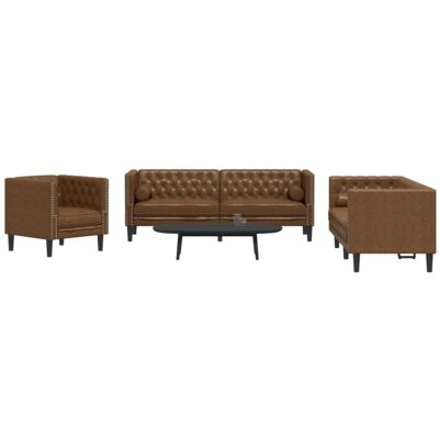 Set De Sofás Chesterfield Y Cojines 3 Pzs Ante Sintético Marrón Vidaxl Set De Sofás Chesterfield Y Cojines 3 Pzs Ante Sintético Marrón Vidaxl