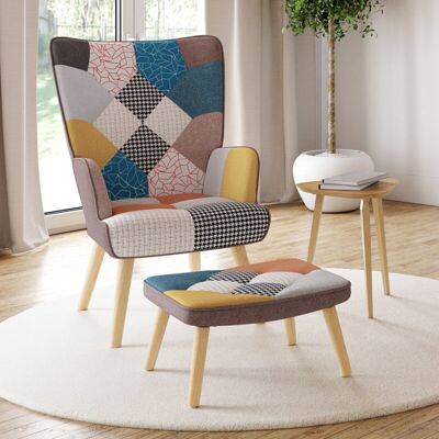 Idmarket - Sillón Escandinavo Ivar Con Reposapiés De Tela Patchwork Multicolor Idmarket - Sillón Escandinavo Ivar Con Reposapiés De Tela Patchwork Multicolor