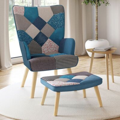 Idmarket Ivar Sillón escandinavo con terciopelo azul y tela patchwork Idmarket Ivar Sillón escandinavo con terciopelo azul y tela patchwork