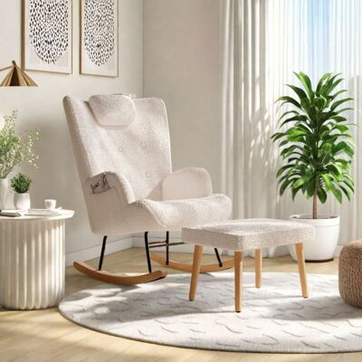 TANANT Sillón Mecedor, Sillón Mecedor En Peluche - Con Suave Reposapiés, Respaldo Con Reposacabezas Acolchado Y Bolsillos Laterales, Estilo Escandinavo - Blanco TANANT Sillón Mecedor, Sillón Mecedor En Peluche - Con Suave Reposapiés, Respaldo Con Reposacabezas Acolchado Y Bolsillos Laterales, Estilo Escandinavo - Blanco