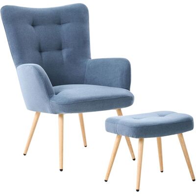 BELIANI Sillón Orejero Tapizado En Tela De Terciopelo Azul Abotonado Con Reposapiés Estilo Retro Vejle BELIANI Sillón Orejero Tapizado En Tela De Terciopelo Azul Abotonado Con Reposapiés Estilo Retro Vejle