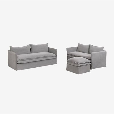 Sklum - Conjunto De Salón Con Sofá De 2 Plazas, Sofá De 3 Plazas Y Puff En Lino Y Algodón Grace Sklum - Conjunto De Salón Con Sofá De 2 Plazas, Sofá De 3 Plazas Y Puff En Lino Y Algodón Grace