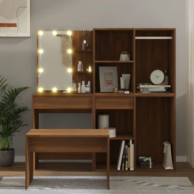 Set de tocador con LED de madera marrón VIDAXL Set de tocador con LED de madera marrón VIDAXL