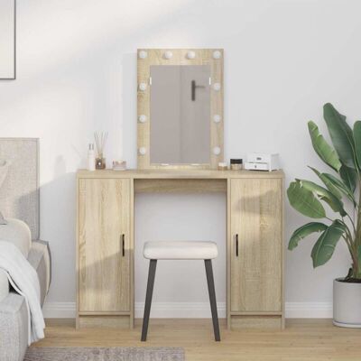 Mesita de maquillaje con espejo LED en Roble Sonoma - Muebles Mesita de maquillaje con espejo LED en Roble Sonoma - Muebles
