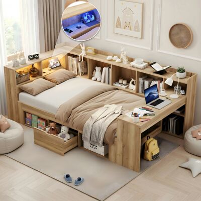 MODFU Cama Para Adultos - Cama Con Cajones Led, Usb Tipo-c Y Escritorio Integrado, Almacenamiento, 90x200 Cm, Mdf Color Natural MODFU Cama Para Adultos - Cama Con Cajones Led, Usb Tipo-c Y Escritorio Integrado, Almacenamiento, 90x200 Cm, Mdf Color Natural