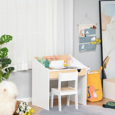 PZCC Escritorio Para Niños Con Silla De 3 A 6 Años Con Cajón Y Estante Para Libros 70x50x75 Cm Blanco Y Natural PZCC Escritorio Para Niños Con Silla De 3 A 6 Años Con Cajón Y Estante Para Libros 70x50x75 Cm Blanco Y Natural