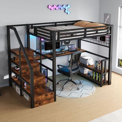 HAUSS SPOLE Cama Alta Para Adultos/niños De 140x200 Cm Con Iluminación Led, Escritorio, Espacio De Almacenamiento, Puertos Usb Y Tipo-c, Metal Negro HAUSS SPOLE Cama Alta Para Adultos/niños De 140x200 Cm Con Iluminación Led, Escritorio, Espacio De Almacenamiento, Puertos Usb Y Tipo-c, Metal Negro