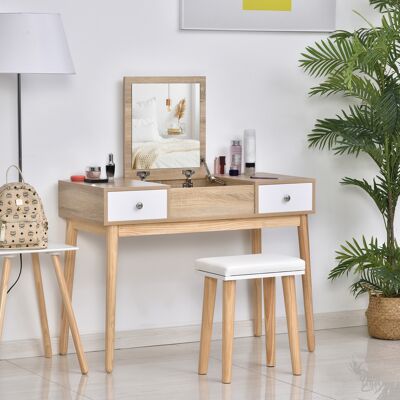 TORMATOR Tocador De Maquillaje Con Espejo Abatible Mesa De Maquillaje Con Taburete Acolchado Cojín Suave Compartimentos Y Cajones Patas De Madera Maciza 100x45x118 Cm Color Natural TORMATOR Tocador De Maquillaje Con Espejo Abatible Mesa De Maquillaje Con Taburete Acolchado Cojín Suave Compartimentos Y Cajones Patas De Madera Maciza 100x45x118 Cm Color Natural