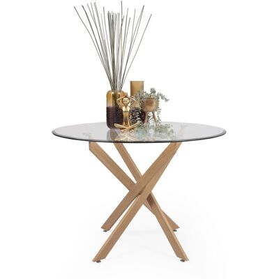 Homely - Mesa De Comedor Redonda Dalila, Cristal Templado, Estructura Metálica En Acabado Madera, De 110x73 Cm Homely - Mesa De Comedor Redonda Dalila, Cristal Templado, Estructura Metálica En Acabado Madera, De 110x73 Cm