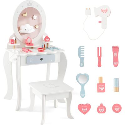 Costway - Tocador Infantil de Madera 2 en 1 con Espejo y Taburete - Mesa de Maquillaje para Niñas Costway - Tocador Infantil de Madera 2 en 1 con Espejo y Taburete - Mesa de Maquillaje para Niñas