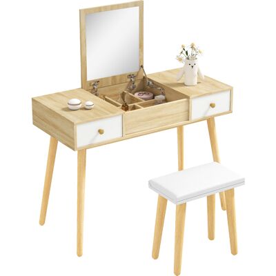 OEM Tocador De Maquillaje Con Espejo Abatible Mesa De Maquillaje Con Taburete Acolchado Cojín Suave Compartimentos Y Cajones Patas De Madera Maciza 100x45x118 Cm Color Natural OEM Tocador De Maquillaje Con Espejo Abatible Mesa De Maquillaje Con Taburete Acolchado Cojín Suave Compartimentos Y Cajones Patas De Madera Maciza 100x45x118 Cm Color Natural