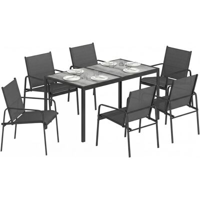 Outsunny Conjunto De Mesa Y Sillas Jardín De 7 Piezas Con Mesa De Efecto Madera, 6 Sillas Con Asiento Transpirable, Marco De Acero Galvanizado, Negro Outsunny Conjunto De Mesa Y Sillas Jardín De 7 Piezas Con Mesa De Efecto Madera, 6 Sillas Con Asiento Transpirable, Marco De Acero Galvanizado, Negro