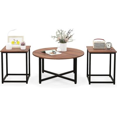 Conjunto De Mesa De Centro De 3 Piezas, Mesa Auxiliar Redonda Y 2 Mesas De Centro Cuadradas Con Estructura De Metal Resistente, Juego De 3 Mesas De Sala Modernas De 3 (nogal Y Negro) - Costway Conjunto De Mesa De Centro De 3 Piezas, Mesa Auxiliar Redonda Y 2 Mesas De Centro Cuadradas Con Estructura De Metal Resistente, Juego De 3 Mesas De Sala Modernas De 3 (nogal Y Negro) - Costway