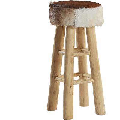 BELIANI Taburete De Bar De Piel De Cordero Con Patas De Madera De Teca Estilo Rústico Walton BELIANI Taburete De Bar De Piel De Cordero Con Patas De Madera De Teca Estilo Rústico Walton