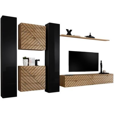 MEUBLORAMA Conjunto De Muebles De Diseño Para Sala Switch Vi. Color Negro Y Roble Con Acabados Brillantes Negros Y Efecto Fresado En Roble. MEUBLORAMA Conjunto De Muebles De Diseño Para Sala Switch Vi. Color Negro Y Roble Con Acabados Brillantes Negros Y Efecto Fresado En Roble.